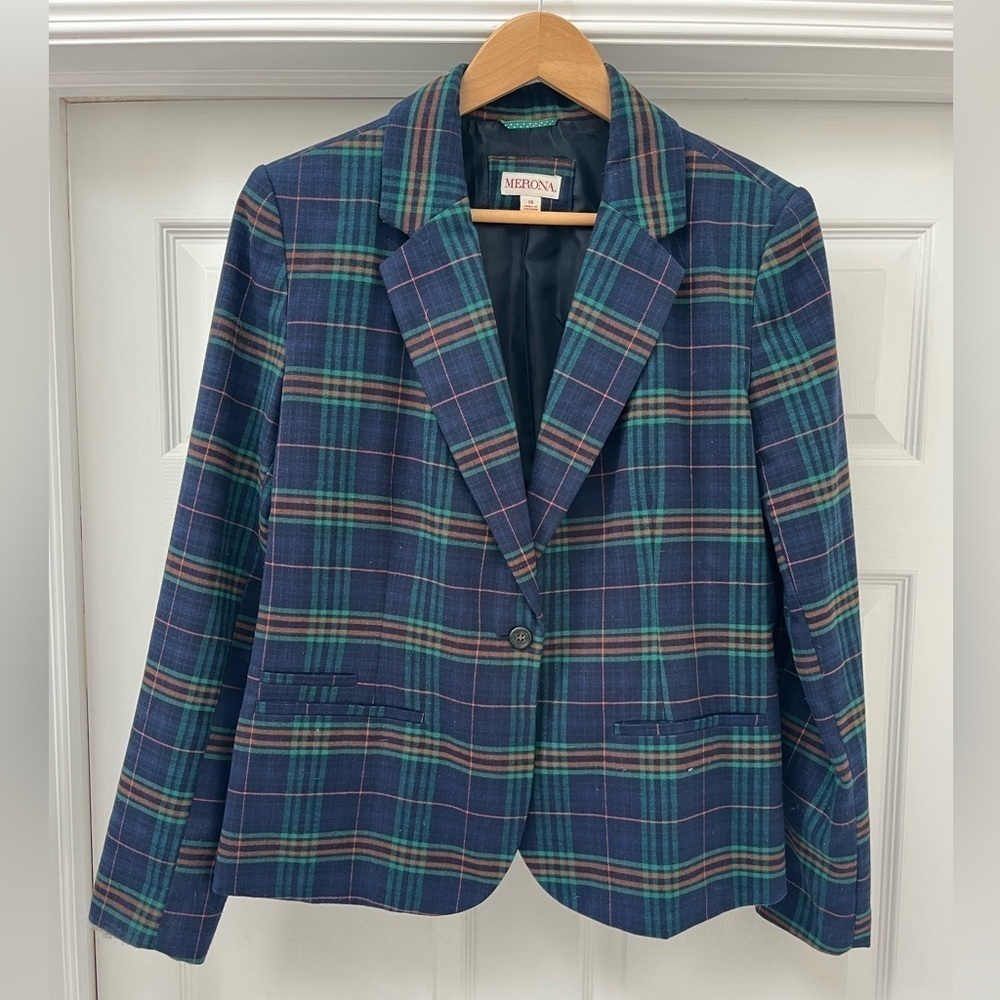 Merona women’s blazer - navy blue  with green, orange, and pink details